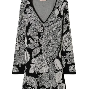 Abito corto in maglia bianco e nero jacquard cashmere e rose